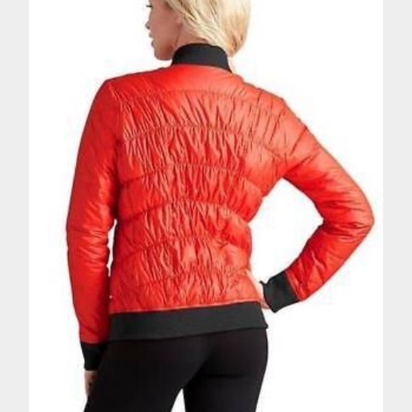 Athleta Womens Dobby Goose Down Puffer Bomber Jacket Quilted red grey 138700 - Picture 2 of 12
